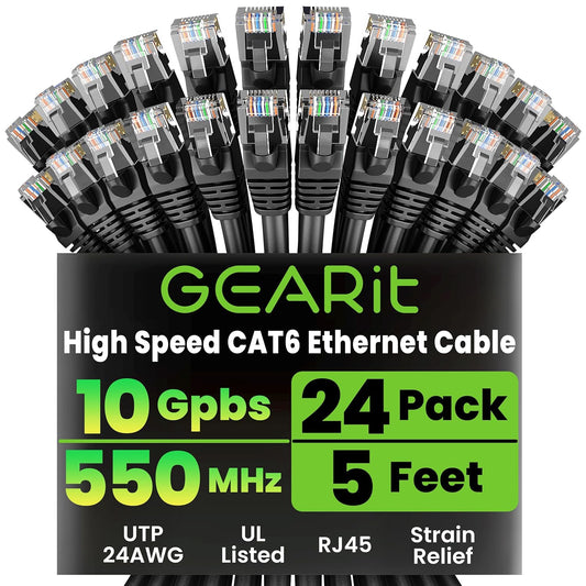Cat 6 Ethernet Patch Cables 5 Ft Black (Cat 6 Ethernet Cables 5 Ft 24-Pack), CAT6 High Speed 24AWG 10Gbps RJ45 Snagless Gold-Plated, Ethernet Cable for Router, Switch, PC, PS5 Gaming, Server